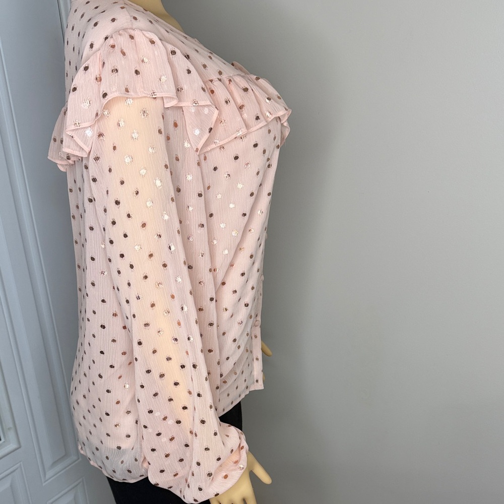 LC Lauren Conrad Blush Pink Metallic Polka Dot Ruffle Blouse Size Large - Picture 10 of 14